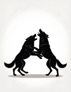 Two black silhouettes of wolves standing on their hind legs, facing each other with their mouths open and front paws touching