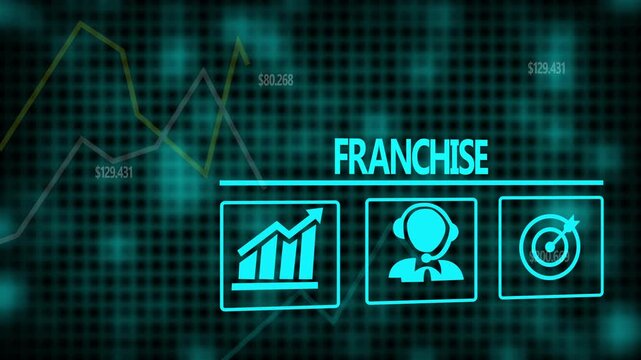 A Franchise business concept on a flashing computer monitor with moving graphs and data.
