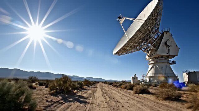 Vast desert landscape with a large dish antenna and sunburst