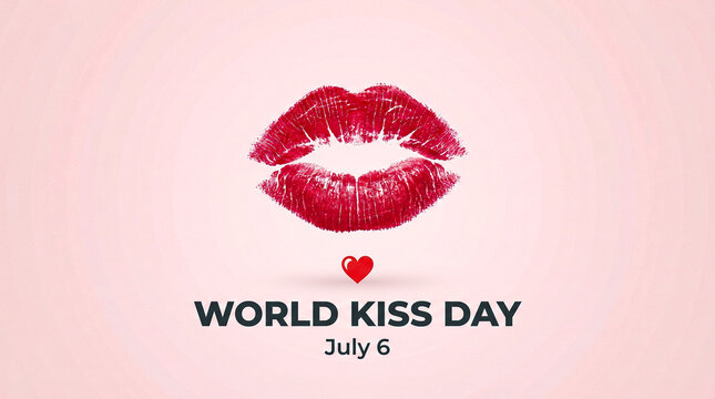 World Kiss Day July 6 greeting card, red lipstick lip print on pink background, romantic international kissing day celebration banner