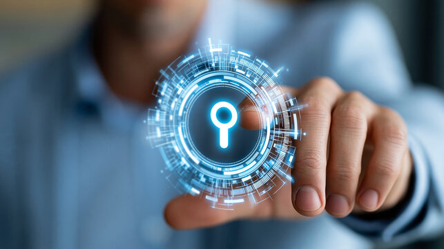 Close-up of a businessman's hand near a holographic public key infrastructure icon cluster, data encryption, cybersecurity framework, secure digital communication, defocused