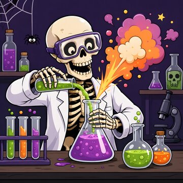 Cartoon skeleton scientist conducting colorful chemistry experiment in laboratory