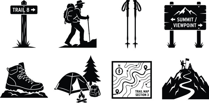 Vector silhouettes of hiking and outdoor adventure elements including trail signs, hiker, trekking poles, boots, camping, map, and mountain summit