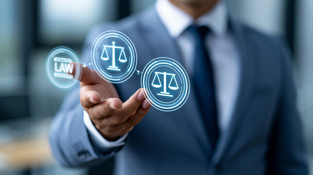 Suited legal professional interacting with floating holographic justice and law icons, legal services, legislation compliance, corporate legal advisory, regulatory framework,