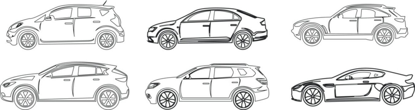 Vector outline illustration set of modern automobile body types showing realistic car side view profiles on white background.