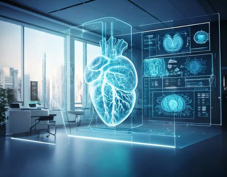 Advanced holographic heart projection in a futuristic medical diagnostic system, showcasing detailed anatomy and data analysis.