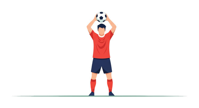 A soccer player standing on the touchline with both hands over head holding a soccer ball, preparing for a throw-in, focused stance, minimalist geometric style, minimalist flat vector artwork,
