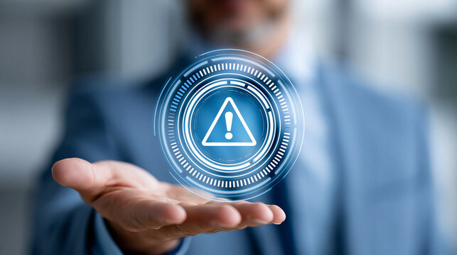 Businessman holding a holographic interface displaying a critical error alert, IT incident response, system troubleshooting urgency, business technology management, defocused