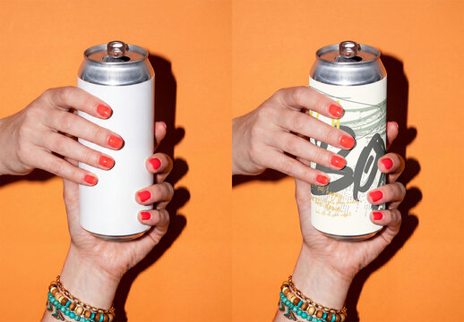Mockup of Hands With Can on Orange Background