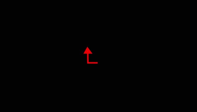 Small red left pointing arrow icon on black background a simple towards the left, positioned centrally on a stark background