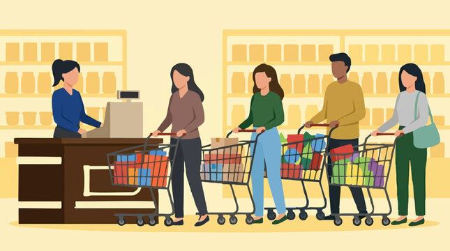 Customers wait in line at supermarket checkout with shopping carts