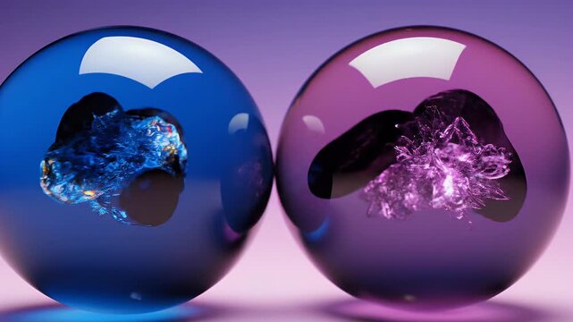 Abstract crystalline structures suspended within transparent spheres