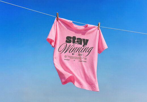 Mockup of pink T-shirt Drying on Clothesline in Sun