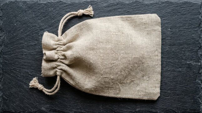 Small linen drawstring pouch on textured black slate surface