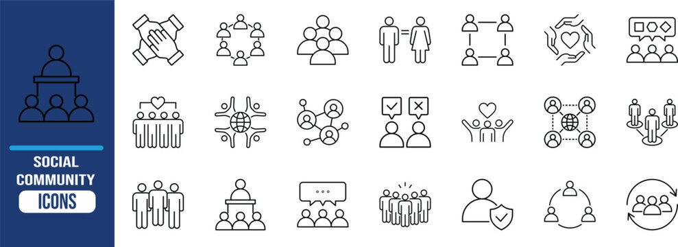 Community team collaboration connection icons. person icon set, hands icon set, globe icon set