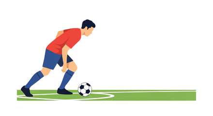 Fototapeta premium A soccer player leaning over a stationary ball at the corner of the field, preparing for a long-range cross, focused expression, minimalist shadow, minimalist flat vector artwork, clipart style,