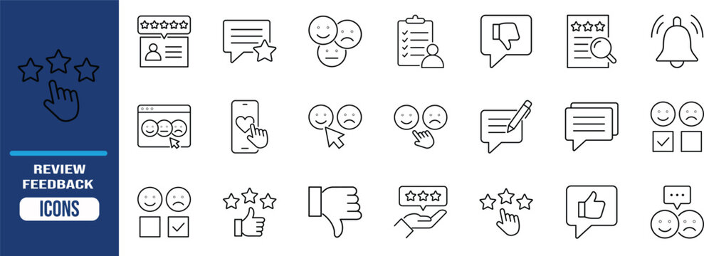 Customer feedback and review icons. stars icon set, speech bubble icon set, smiley face icon set