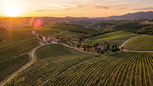 Aerial tracking shot of vineyard rows sweeping across rolling tuscan hills with farmhouse and winding dirt road at golden sunset, calm pastoral evening