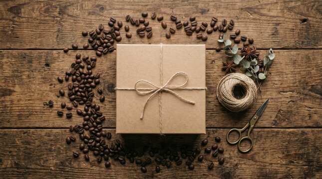 Wrapped gift box on rustic wooden table with coffee beans and twine