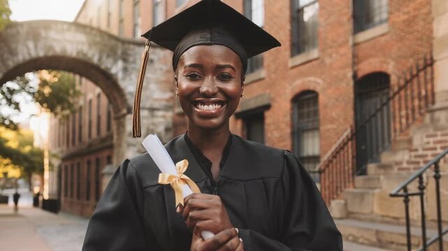 Joyful graduate in cap and gown holding diploma smiling proudly after college graduation