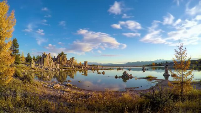 Golden autumn trees flank a calm lake with tufa formations under a blue sky