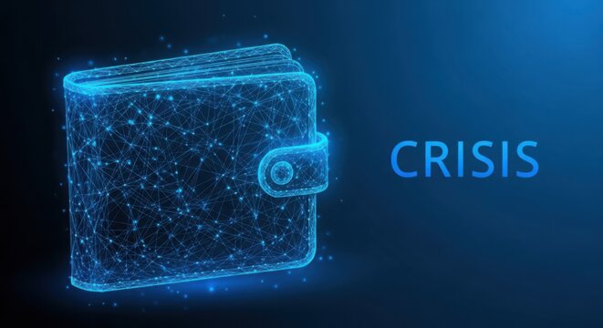 Empty blue wallet icon with the word crisis written on dark background illustration