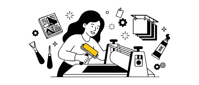 Printmaking artist woman printing press working in art workshop studio creating linocut graphic illustration. Happy female craft maker using ink roller brayer on hand-cranked publishing machine.