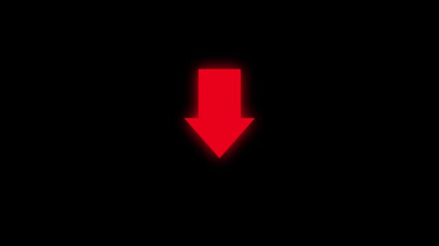 A single vibrant magenta arrow pointing downwards against a stark black background indicating direction or a call to action for a sale or download .4k video