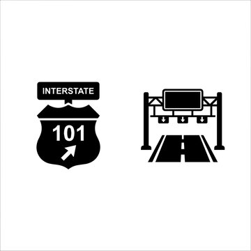 Interstate route shield sign and highway overhead directional signage icons