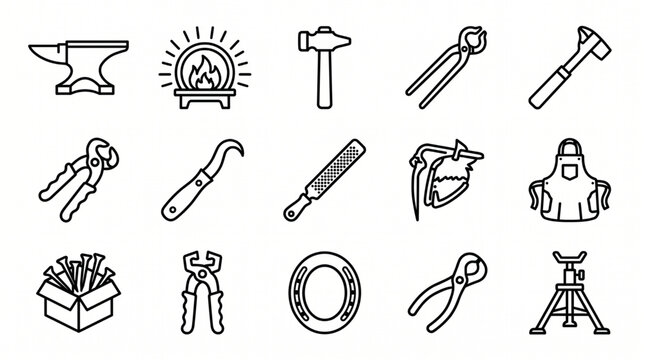 Blacksmith and Farrier Tools Line Icons Set with Anvil Hammer and Horseshoe