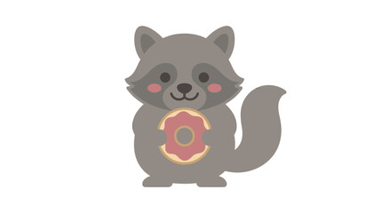 Naklejka premium Cute cartoon raccoon holding a pink donut illustration.