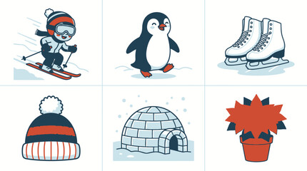 Set of winter season icons with skier penguin ice skates hat igloo and poinsettia. © Pidi