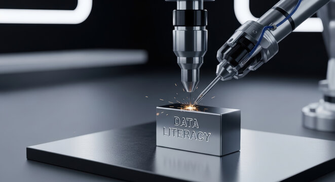Workforce reskilling automation data literacy concept with robotic arm welding metal block sparks flying in futuristic industrial setting