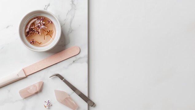Beauty and skincare tools with herbal tea on marble surface for wellness care