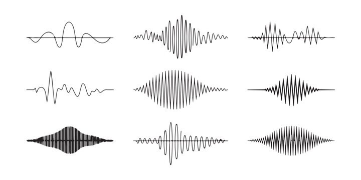 Audio wave sound signal collection with black oscillating frequency lines on transparent.