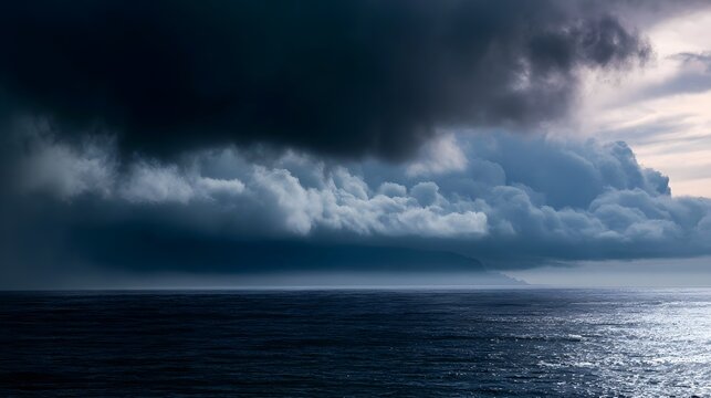 Dramatic storm clouds gather over the ocean creating a moody and glistening seascape with rolling mist