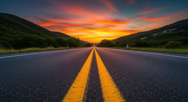 Scenic highway stretches into the distance during a vibrant sunset with colorful sky