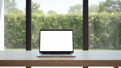 Fototapeta premium Modern Laptop Computer with White Screen on Wooden Desk in Front of Large Window