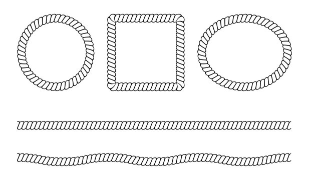 Black linear nautical rope circle, square and wave shapes isolated on white background. Set  vector frames from rope. For Ideal  label designs. Vector illustration.