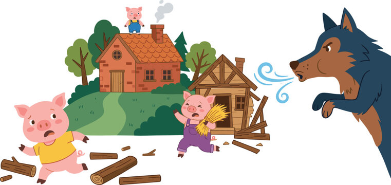 The Three Little Pigs Fairytale Vector Illustration Showing Scared Cute Piglets Running From Big Bad Wolf Blowing Down Houses For Children Storybooks