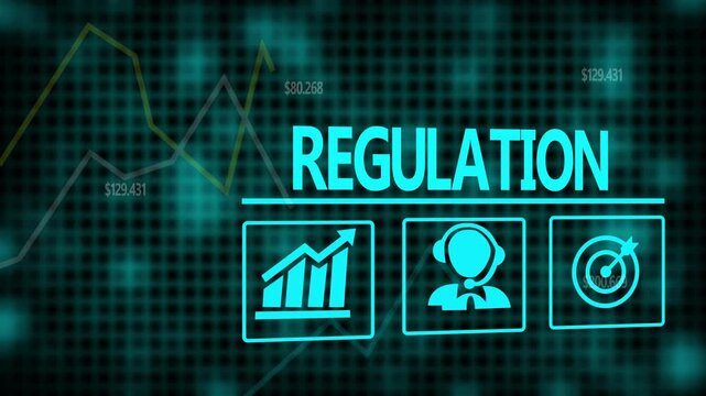Regulation business concept on a flashing computer monitor with moving graphs and data.