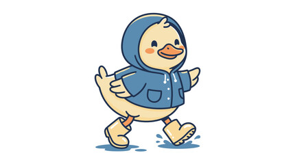 Naklejka premium Cute cartoon duckling wearing a blue raincoat and yellow boots walking.