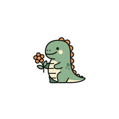 Cute cartoon dinosaur holding a flower illustration. © Rujak