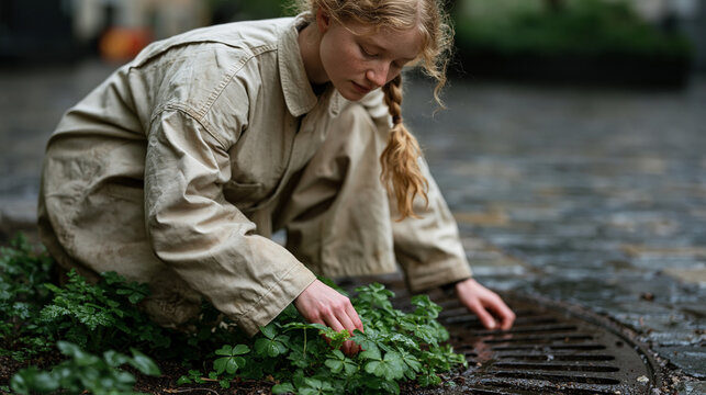 Forager in a worn canvas jacket moving through a rain-soaked urban park, kneeling beside a patch of wood sorrel growing at the base of a municipal tree grate, field guide tucked