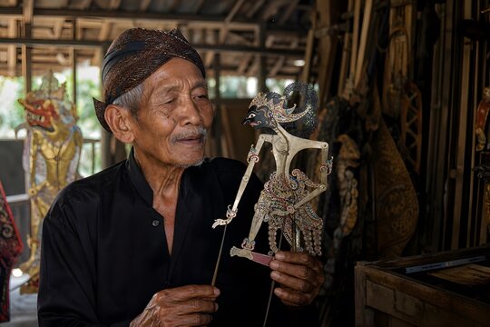 Elderly Javanese Puppet Master Holding Wayang Kulit Portrait Photo