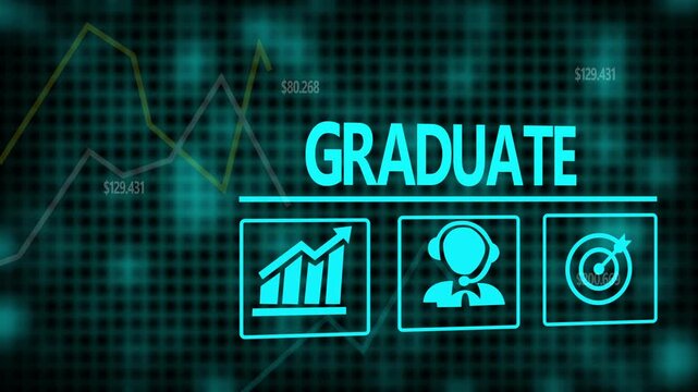 A Graduate business concept on a flashing computer monitor with moving graphs and data.