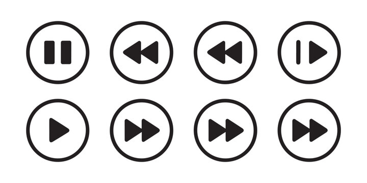 Set of black media player icons in circles isolated on transparent background pause button.