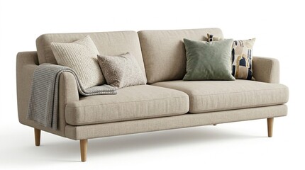 Fototapeta premium Modern Beige Fabric Sofa with Pillows and Blanket Isolated