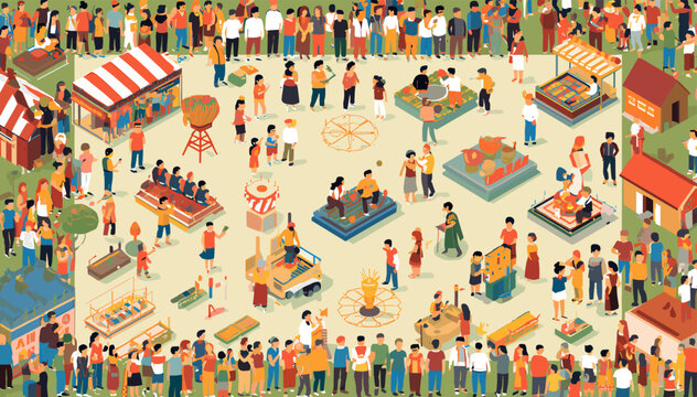 A vibrant isometric illustration of a bustling outdoor market or festival with numerous people, food stalls, and entertainment.