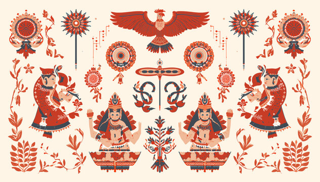 Symmetrical folk art pattern featuring Hindu goddesses, dignitaries, a bird, and intricate floral motifs in red and blue on a light background.